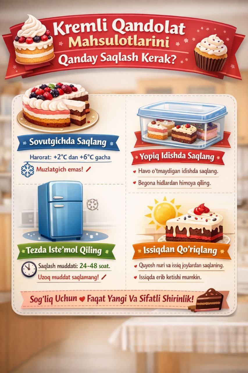 🍰 Kremli qandolat mahsulotlarini qanday saqlash kerak?  Kremli tort va pirojniylar tez buziladigan mahsulotlar hisoblanadi. Ularni to‘g‘ri saqlash — sog‘liq uchun juda muhim!