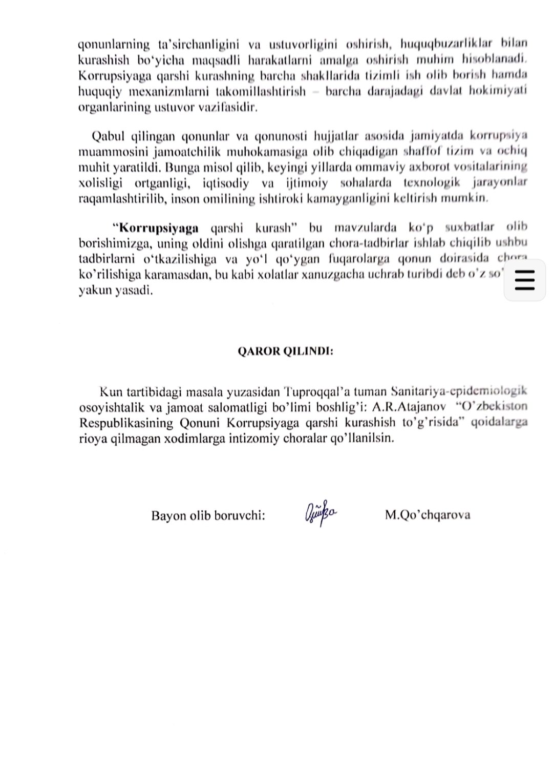 Korrupsiyaga qarshi kurashish boʻyicha seminar boʻlib oʻtdi