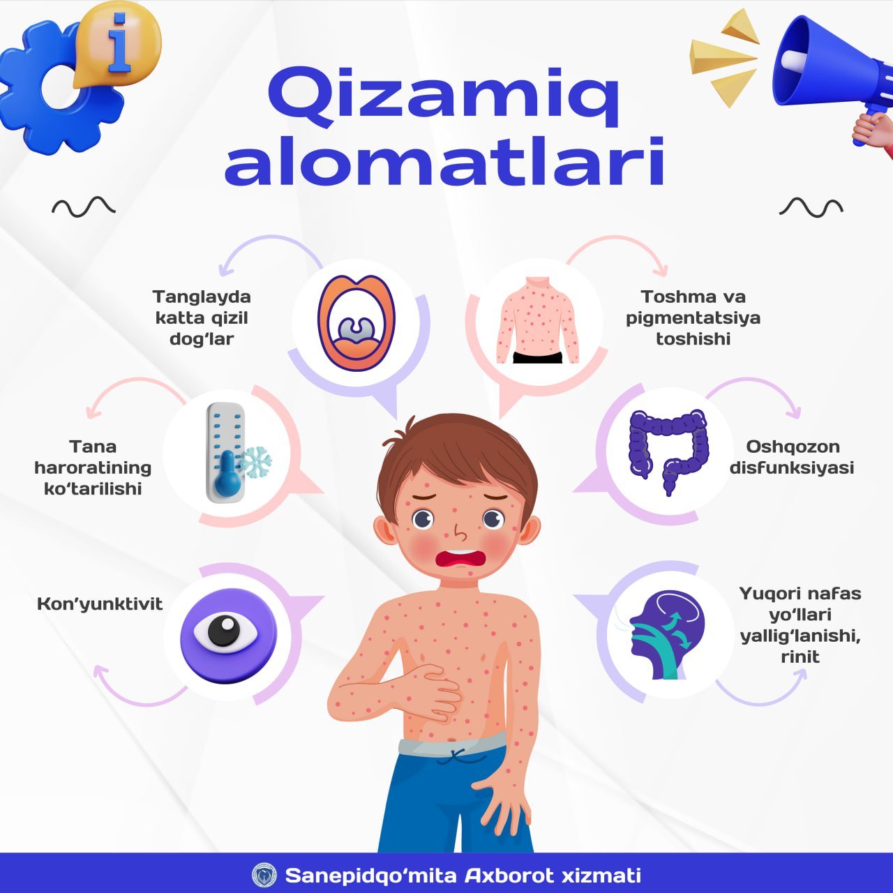 Qizamiq – o‘tkir yuqumli kasallik bo‘lib, tana haroratining ko‘tarilishi, yuqori nafas yo‘llari, ko‘z shilliq pardalari, og‘iz bo‘shlig‘ining yallig‘lanishi va terida qizil, yirik dog‘li toshmalar toshishi bilan xarakterlanadi.