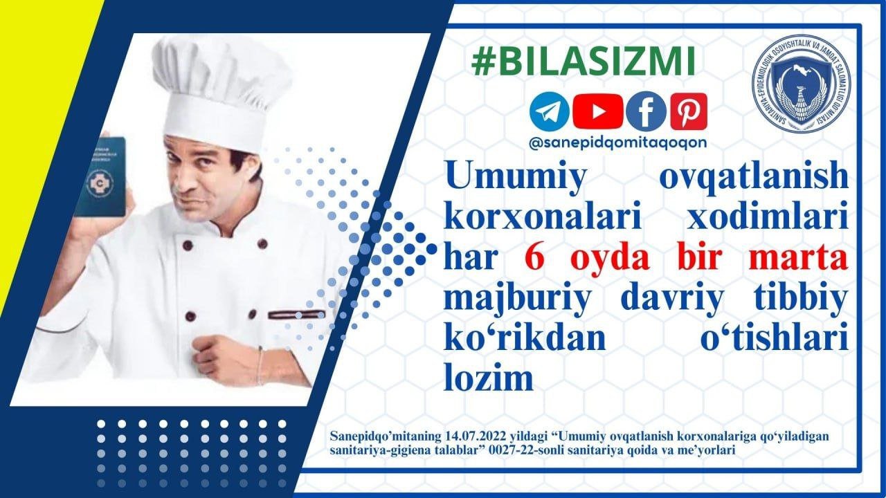 Sanepidqo’mitaning 14.07.2022 yildagi “Umumiy ovqatlanish korxonalariga qo‘yiladigan sanitariya-gigiena talablar” 0027-22-sonli sanitariya qoida va me’yorlari.