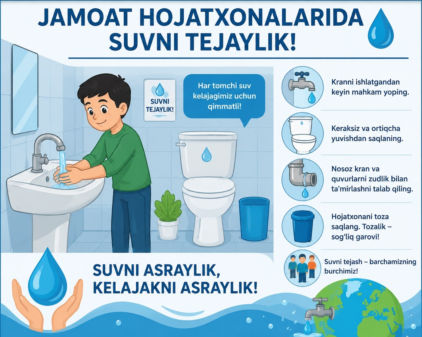 Jamoat hojatxonalarda suvni tejaylik .